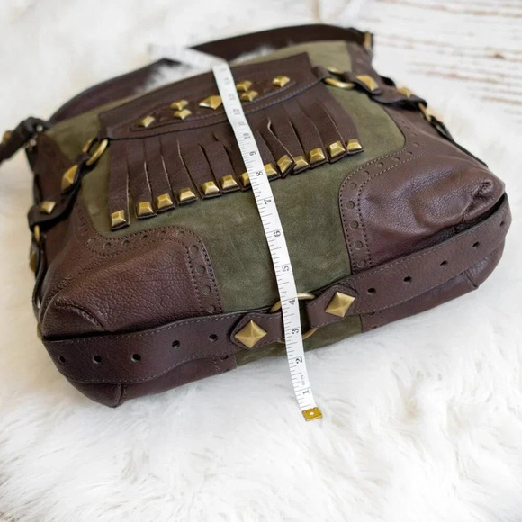 NWT! MICHAEL KORS COLLEGIATE STUDDED BROWN LEATHER OLIVE GREEN SUEDE BAG - Picture 9 of 15